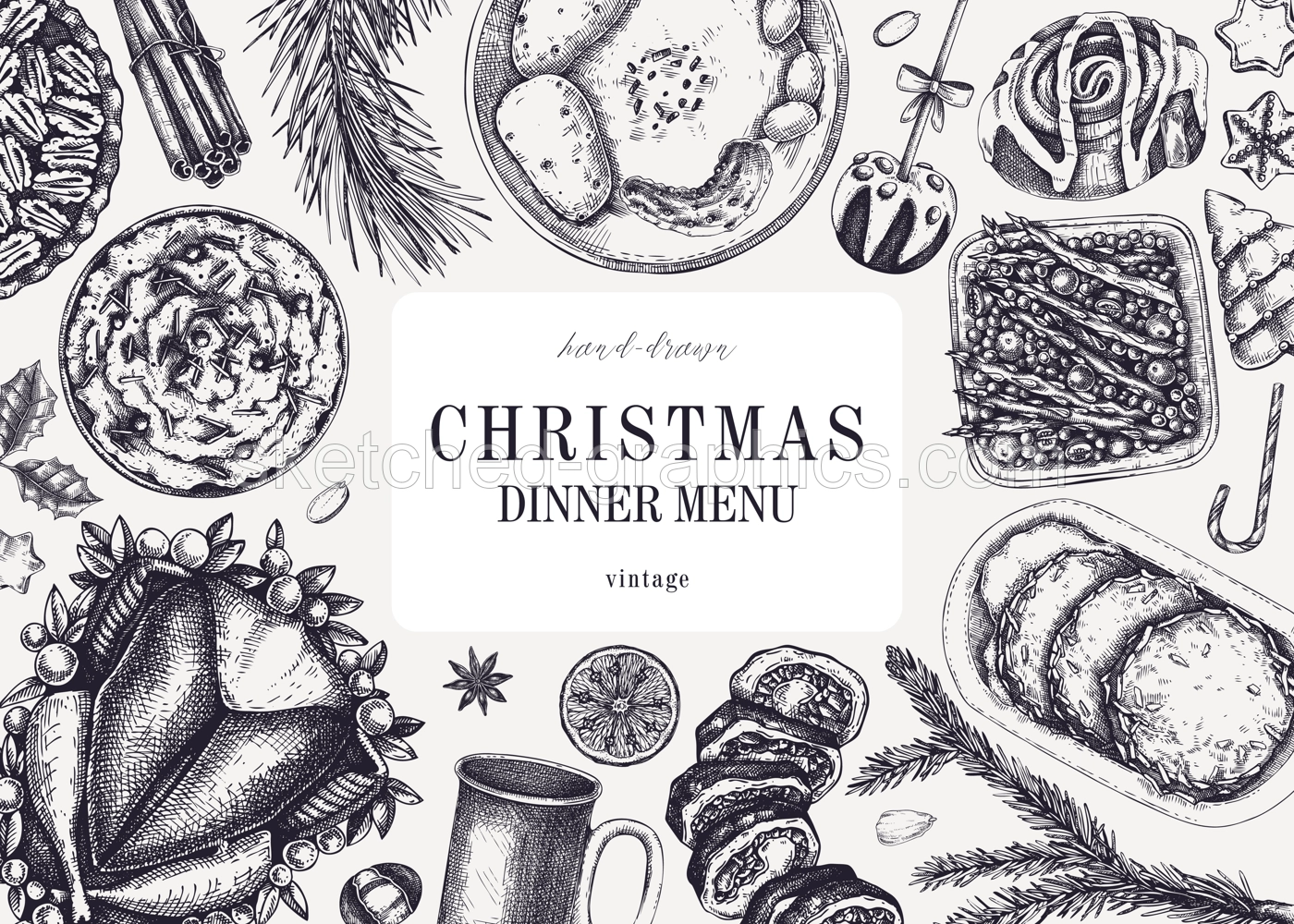 Christmas food background. Family dinner. Winter holiday menu. Traditional food design elements. Food and drink sketches set. Hand drawn vector illustration. Vintage banner template Illustration